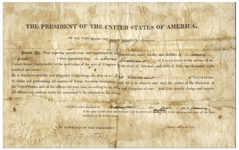 James Madison Military Appointment Signed as President During the War of 1812